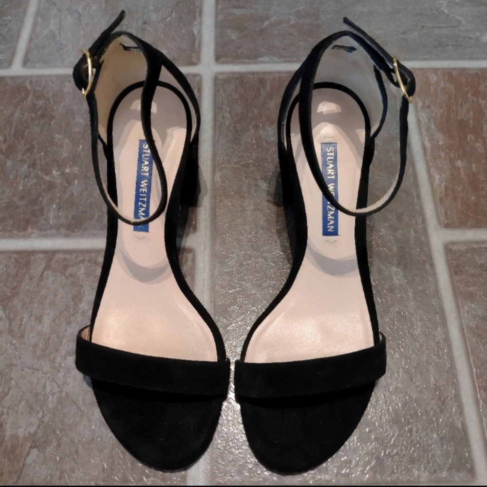 Stuart Weitzman black Suede Simple strapy block heel sandal size 4